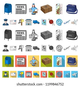 Mail and postman cartoon icons in set collection for design. Mail and equipment vector symbol stock web illustration.