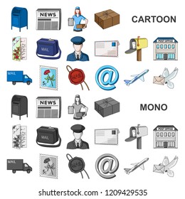 Mail and postman cartoon icons in set collection for design. Mail and equipment vector symbol stock web illustration.