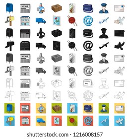 Mail and postman cartoon icons in set collection for design. Mail and equipment vector symbol stock web illustration.