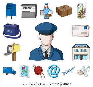 Mail and postman cartoon icons in set collection for design. Mail and equipment vector symbol stock web illustration.