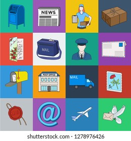 Mail and postman cartoon icons in set collection for design. Mail and equipment vector symbol stock web illustration.