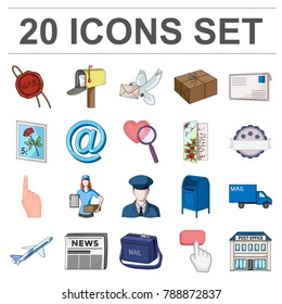 Mail and postman cartoon icons in set collection for design. Mail and equipment vector symbol stock web illustration.