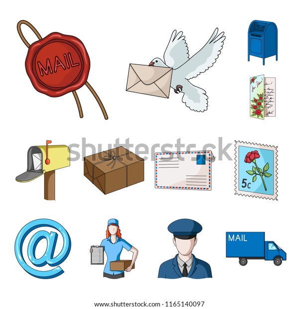 Mail and\
postman cartoon icons in set collection for design. Mail and\
equipment vector symbol stock web\
illustration.