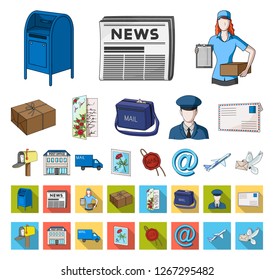 Mail and postman cartoon,flat icons in set collection for design. Mail and equipment vector symbol stock web illustration.