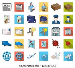 Mail and postman cartoon,flat icons in set collection for design. Mail and equipment vector symbol stock web illustration.