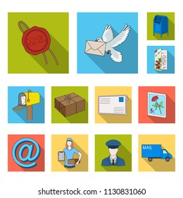 Mail and postman flat icons in set collection for design. Mail and equipment vector symbol stock web illustration.