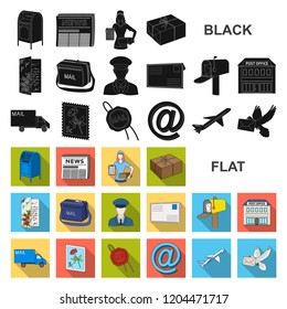 Mail and postman flat icons in set collection for design. Mail and equipment vector symbol stock web illustration.