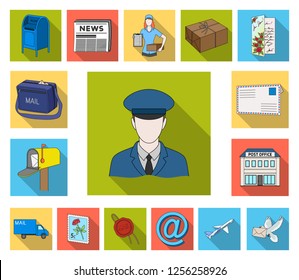 Mail and postman flat icons in set collection for design. Mail and equipment vector symbol stock web illustration.