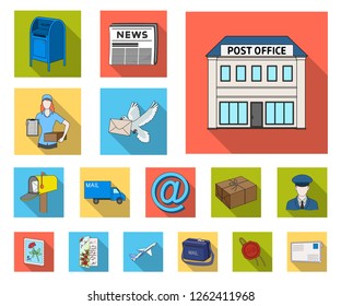 Mail and postman flat icons in set collection for design. Mail and equipment vector symbol stock web illustration.