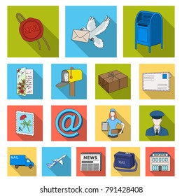 Mail and postman flat icons in set collection for design. Mail and equipment vector symbol stock web illustration.