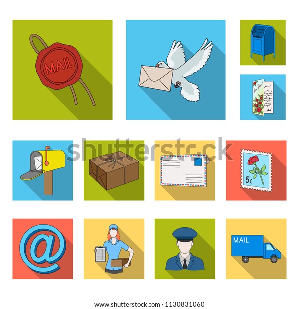 Mail and\
postman flat icons in set collection for design. Mail and equipment\
vector symbol stock web\
illustration.