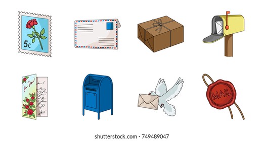 Mail and postman icons in set collection for design. Mail and equipment vector symbol stock web illustration.