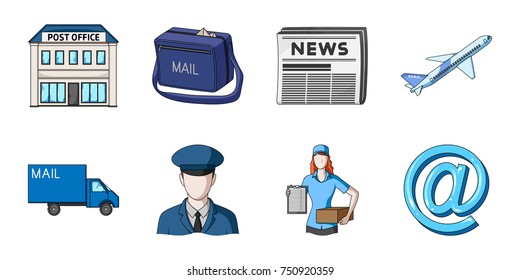 Mail and postman icons in set collection for design. Mail and equipment vector symbol stock  illustration.