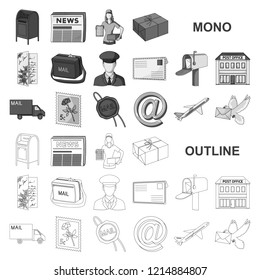 Mail and postman monochrom icons in set collection for design. Mail and equipment vector symbol stock web illustration.