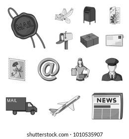 Mail and postman monochrome icons in set collection for design. Mail and equipment vector symbol stock web illustration.