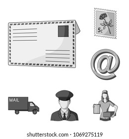 Mail and postman monochrome icons in set collection for design. Mail and equipment vector symbol stock web illustration.