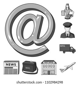 Mail and postman monochrome icons in set collection for design. Mail and equipment vector symbol stock web illustration.