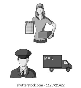 Mail and postman monochrome icons in set collection for design. Mail and equipment vector symbol stock web illustration.