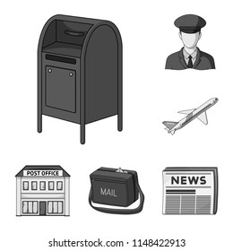 Mail and postman monochrome icons in set collection for design. Mail and equipment vector symbol stock web illustration.