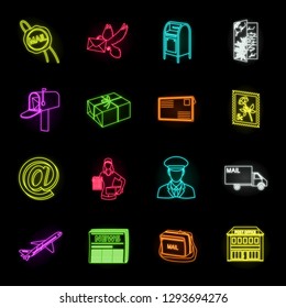 Mail and postman neon icons in set collection for design. Mail and equipment vector symbol stock web illustration.
