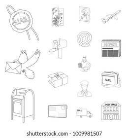 Mail and postman outline icons in set collection for design. Mail and equipment vector symbol stock web illustration.