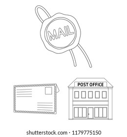 Mail and postman outline icons in set collection for design. Mail and equipment vector symbol stock web illustration.