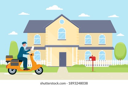 Mail Postman Riding Bike And Delivering Newspapers. Cheerful Courier With Newspaper Near House. Concept Of Mail Delivery Service. Flat Cartoon Vector Illustration