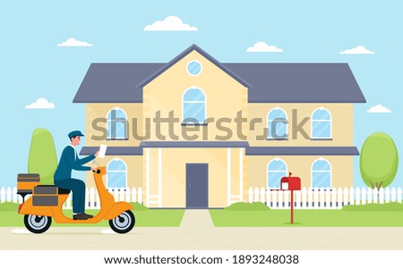 Mail postman riding bike and delivering newspapers. Cheerful courier with newspaper near house. Concept of mail delivery service. Flat cartoon vector illustration