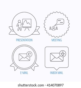 Mail, presentation and meeting chat bubbles icons. E-mail linear sign. Award medal, star label and speech bubble designs. Vector