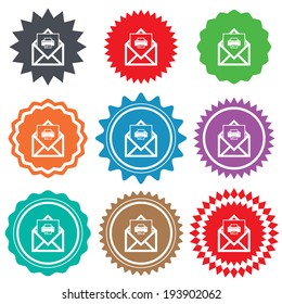 Mail print icon. Envelope symbol. Message sign. Mail navigation button. Stars stickers. Certificate emblem labels. Vector