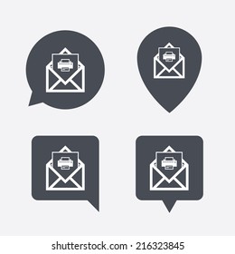 Mail print icon. Envelope symbol. Message sign. Mail navigation button. Map pointers information buttons. Speech bubbles with icons. Vector