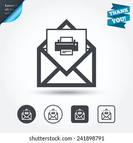 Mail print icon. Envelope symbol. Message sign. Mail navigation button. Circle and square buttons. Flat design set. Thank you ribbon. Vector