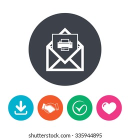Mail print icon. Envelope symbol. Message sign. Mail navigation button. Download arrow, handshake, tick and heart. Flat circle buttons.