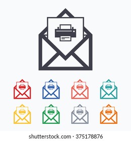 Mail print icon. Envelope symbol. Message sign. Mail navigation button. Colored flat icons on white background.