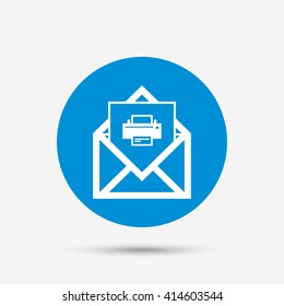 Mail print icon. Envelope symbol. Message sign. Mail navigation button. Blue circle button with icon. Vector