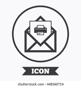 Mail print icon. Envelope symbol. Message sign. Mail navigation button. Graphic design element. Flat symbol in circle button. Vector