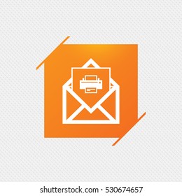 Mail print icon. Envelope symbol. Message sign. Mail navigation button. Orange square label on pattern. Vector