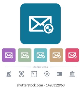 Mail protection white flat icons on color rounded square backgrounds. 6 bonus icons included