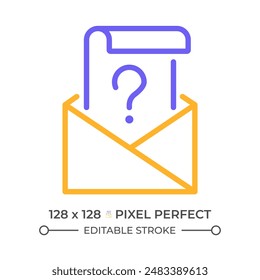 Mail question two color line icon. Letter and question mark bicolor outline symbol. Email problem solving. Business question. Duotone linear pictogram. Isolated illustration. Editable stroke