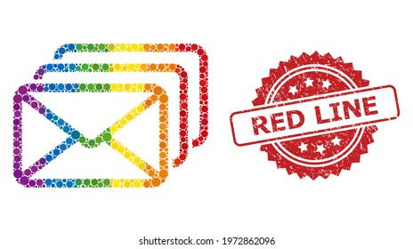 Mail queue collage icon of spheric elements in different sizes and LGBT colored shades, and Red Line dirty rosette seal imitation. A dotted LGBT-colored Mail queue for lesbians, gays, transgenders,