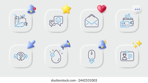 Mail, Quiz test and Vitamin e line icons. Buttons with 3d bell, chat speech, cursor. Pack of Identification card, Smile, Scroll down icon. Juice, Card pictogram. For web app, printing. Vector