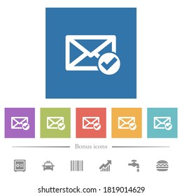Mail read flat white icons in square backgrounds. 6 bonus icons included.