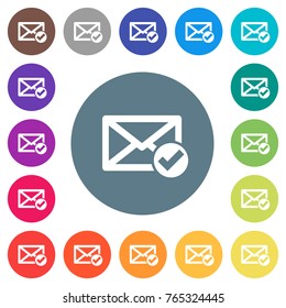 Mail read flat white icons on round color backgrounds. 17 background color variations are included.
