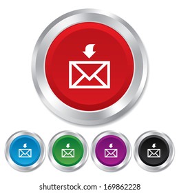 Mail receive icon. Envelope symbol. Get message sign. Mail navigation button. Round metallic buttons. Vector
