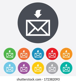 Mail receive icon. Envelope symbol. Get message sign. Mail navigation button. Round colourful 11 buttons. Vector