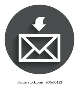 Mail receive icon. Envelope symbol. Get message sign. Mail navigation button. Circle flat button with shadow. Modern UI website navigation. Vector