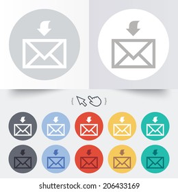 Mail receive icon. Envelope symbol. Get message sign. Mail navigation button. Round 12 circle buttons. Shadow. Hand cursor pointer. Vector