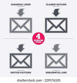 Mail receive icon. Envelope symbol. Get message sign. Mail navigation button. Diagonal and horizontal lines, classic outline, dotted texture. Pattern design icons.  Vector