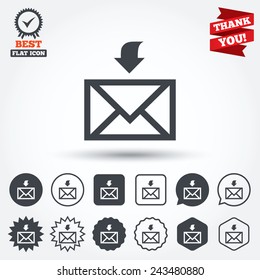 Mail receive icon. Envelope symbol. Get message sign. Mail navigation button. Circle, star, speech bubble and square buttons. Award medal with check mark. Thank you ribbon. Vector