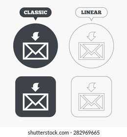 Mail receive icon. Envelope symbol. Get message sign. Mail navigation button. Classic and line web buttons. Circles and squares. Vector